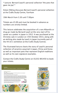 LECTURE – Bernard Leach – ‘The pots that gave me joy’  – Wed 19th March 2014