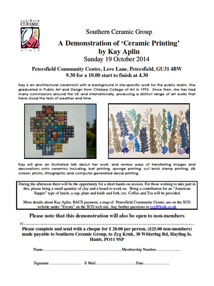 SCG – A Demonstration of ‘Ceramic Printing’  by Kay Aplin – Sun 19th October
