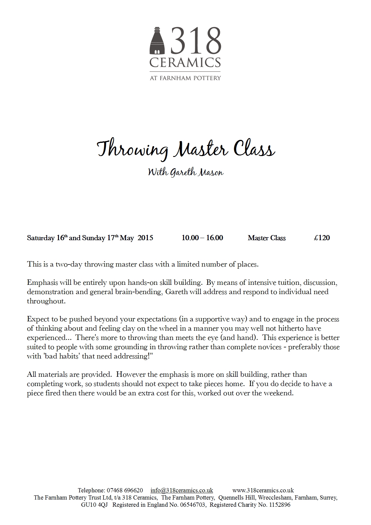 Gareth Mason Masterclass – SPARE PLACE THIS WEEKEND