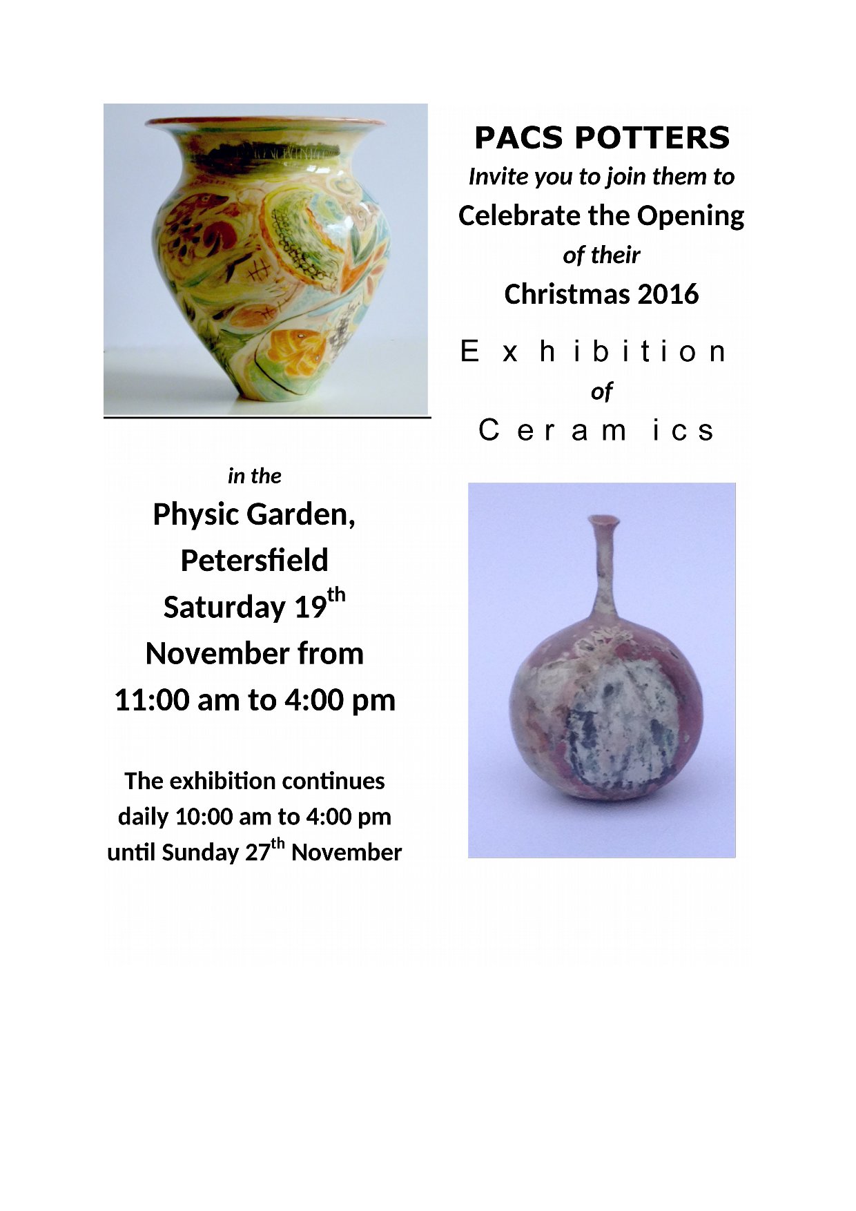 PACS Potters -Exhibition Open 19th-27th Nov